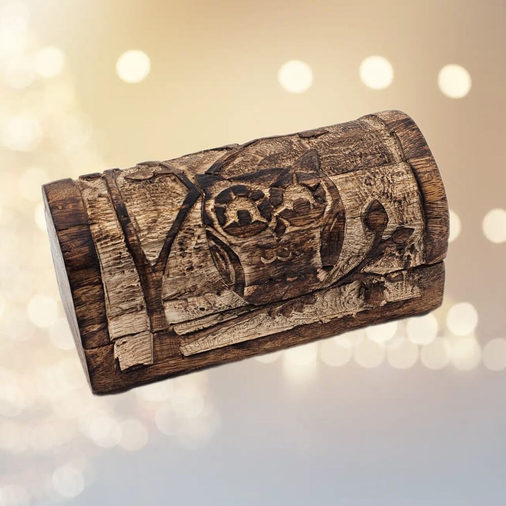 Vintage Wooden Owl Trinket Box Hand Carved Hinged Jewelry Chest